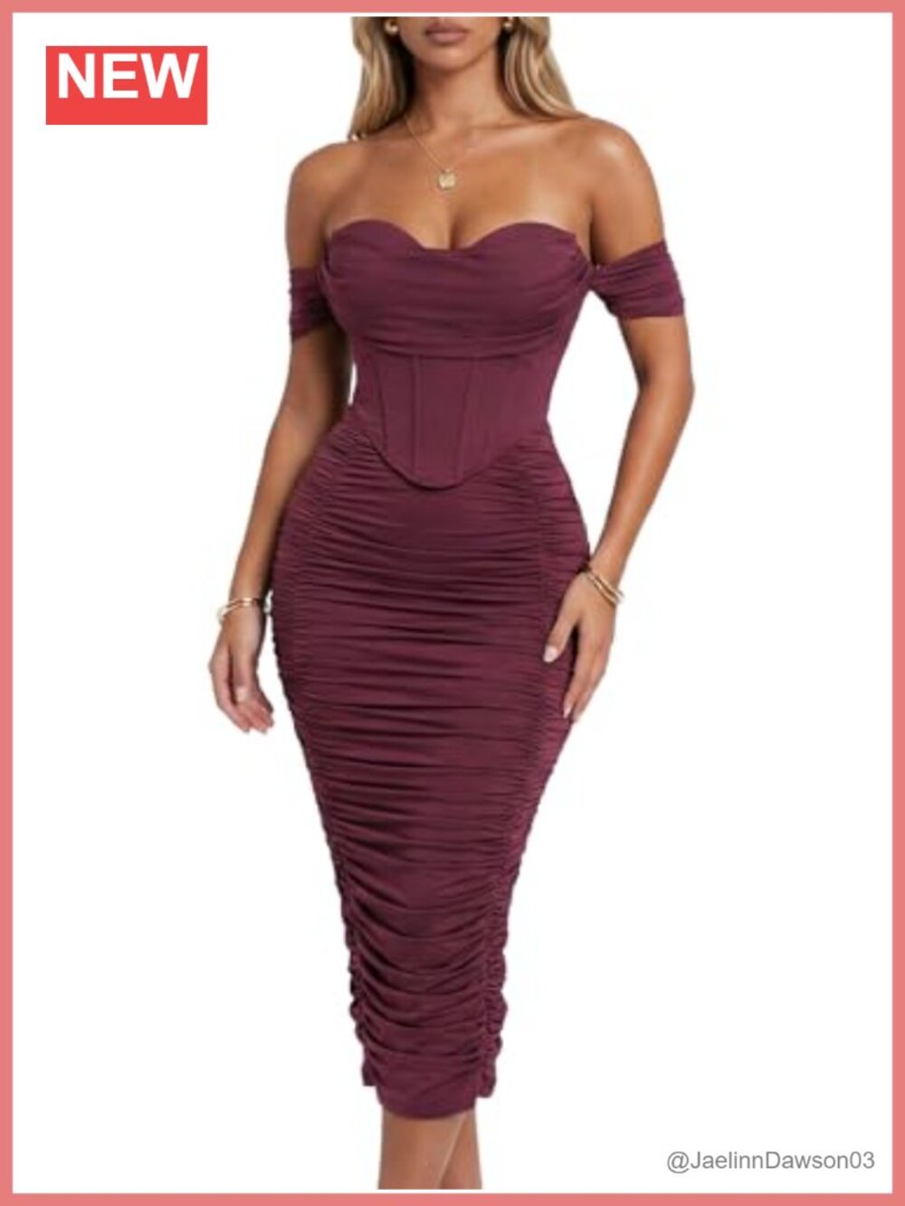 Off Shoulder Faux-Corset Ruched Midi Dress Built-In Bra Mesh Cocktail